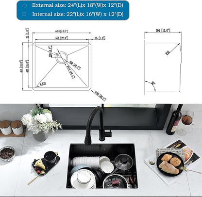Black Undermount Laundry Sink -HLBLFY 24x18x12 Inch Black Stainless Steel Laundry Room Sink Undermount Utility Sink 16 Gauge Single Bowl Deep Kitchen Sink with Roll Up Rack