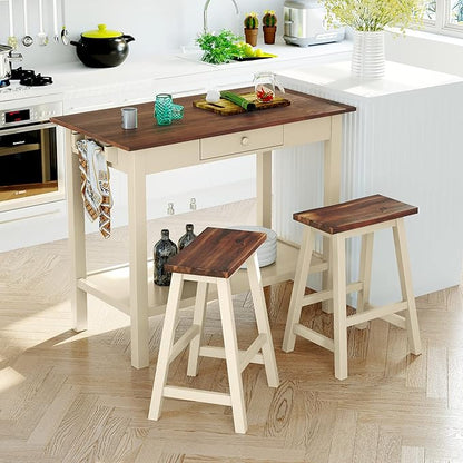 Dining Table Set, 3-Piece 42" Rubber Wood Kitchen Island Set, Dining Table with Drawer/Towel Rack/2 Stools, Suitable for Small Place (Walnut+Cream+3-Piece)