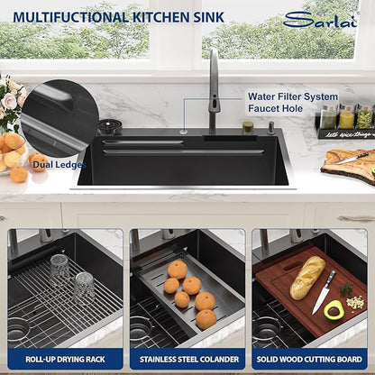 Sarlai 33 Inch Waterfall Kitchen Sink Workstation - 33x22 Black Waterfall Drop In Sink Stainless Steel 16 Gauge Sink Multifunction Single Bowl Smart Top Mount Kitchen Sinks with Faucet Combo