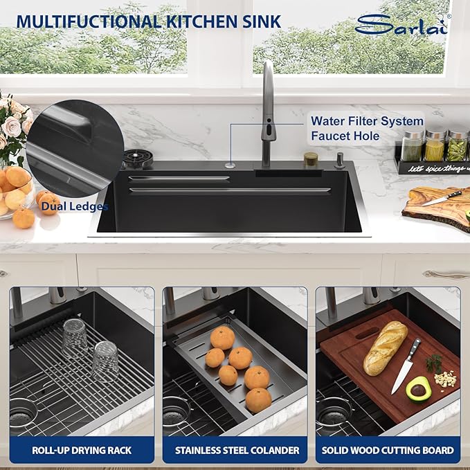 Sarlai 30 Inch Waterfall Kitchen Sink Workstation - 30x22 Black Waterfall Drop In Sink Stainless Steel 16 Gauge Sink Multifunction Single Bowl Smart Top Mount Kitchen Sinks with Faucet Combo