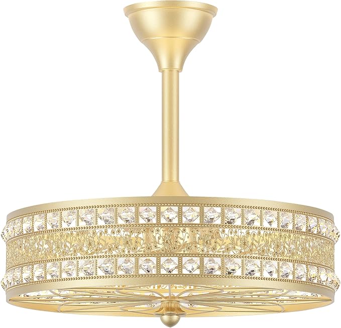 Fandelier Ceiling Fan with Light, Crystal French Glam Chandelier Fan, Decorative Bladeless Enclosed Caged Pendant Light Fixture for Girls Room, Bedroom, Dining Room, Kitchen Island
