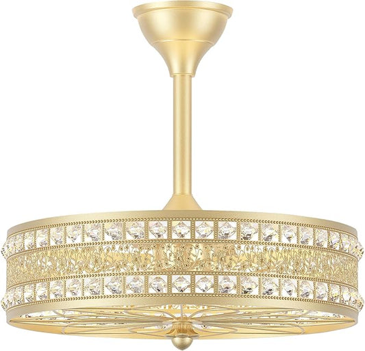 Fandelier Ceiling Fan with Light, Crystal French Glam Chandelier Fan, Decorative Bladeless Enclosed Caged Pendant Light Fixture for Girls Room, Bedroom, Dining Room, Kitchen Island