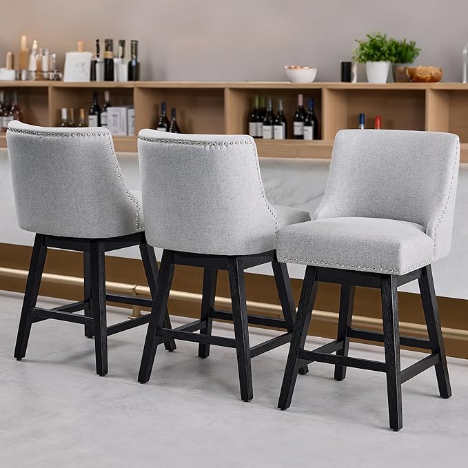 Counter Height Swivel Bar Stools Set of 6, Modern Linen Fabric Swivel Barstools with Back and Wood Legs, Upholstered 26" Seat Height Counter Stools for Kitchen Island, Home Bar, Grey