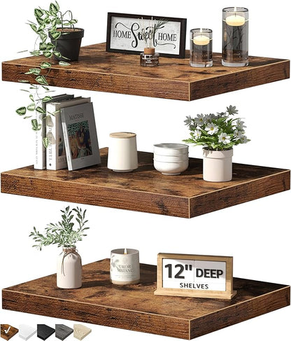 QEEIG 12" Deep Floating Shelves for Wall - 12 x 16 inch Book Shelf Bathroom Bedroom Kitchen Living Room Hanging Bookshelf Farmhouse Set of 3, Brown (026-40BN3)