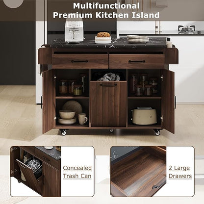 51.06" Mobile Kitchen Drop Leaf and Multipurpose Tilt-out Trash Can,Storage Cabinet w/Spice, Towel Rack & Drawer & Adjustable Shelf,Rolling Islands on Wheels, 50.25", Walnut Brown