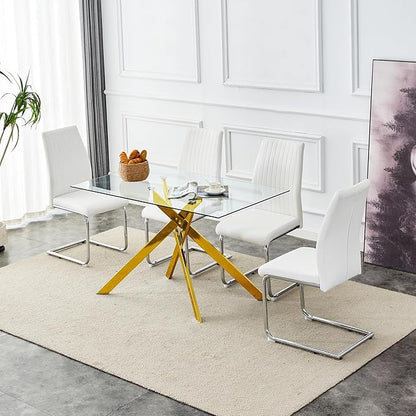 51" Rectangle Dining Table for 4 5 6 People, Modern Dining Table with Gold Chrome Metal X-Shaped Legs, Large Glass Kitchen Table Family Dinner Table for Home Office Living Room