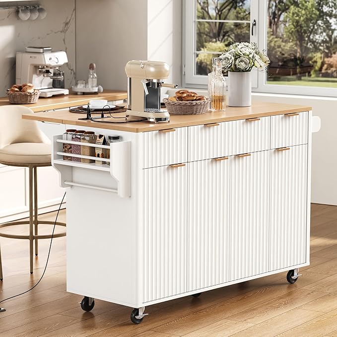 55.5" Fluted Kitchen Island with Power Outlet and Drop Leaf, Narrow Kitchen Island with Storage Srawers and 4 Doors, Rolling Island Table with Wood-grain Top, Curved Edge for Dining Room White