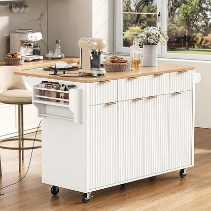 55.5" Fluted Kitchen Island with Power Outlet and Drop Leaf, Narrow Kitchen Island with Storage Srawers and 4 Doors, Rolling Island Table with Wood-grain Top, Curved Edge for Dining Room White