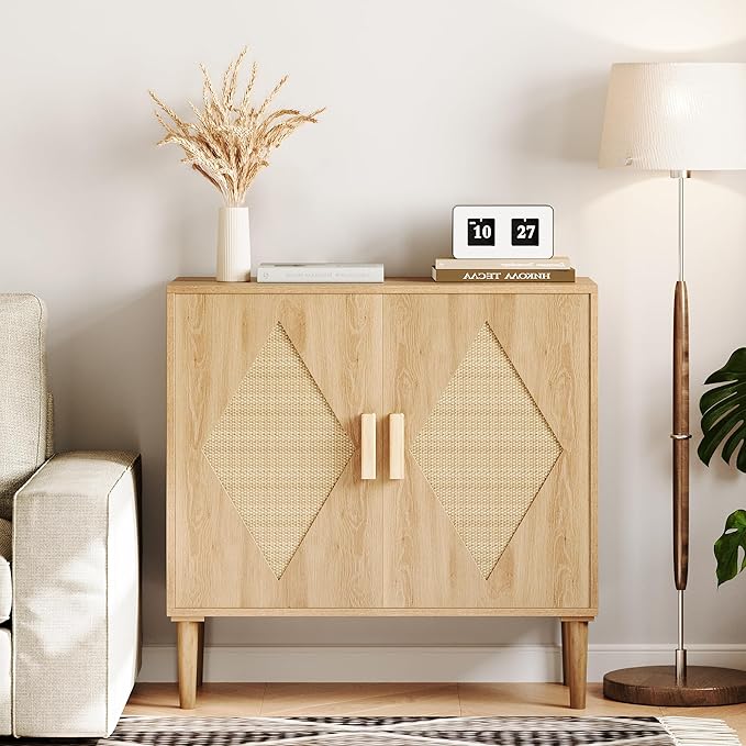IDEALHOUSE Buffet Cabinet with Storage, Storage Cabinet with 2 Rattan Decorated, Sideboard Cabinets, Accent Cabinets for Living Room, Dining Room, Entryway, Natural