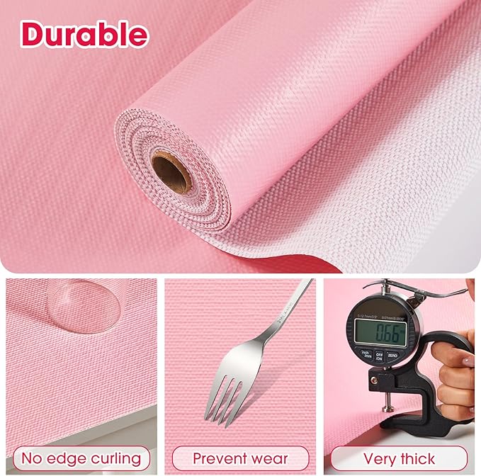 Drawer and Shelf Liner, Non-Slip Kitchen Cabinet Liners Non-Adhesive Thick Strong Grip Waterproof Washable Mats Protect Dresser Shelves Cupboard Bathroom Cabinets, Pink, 18 in X 20 FT