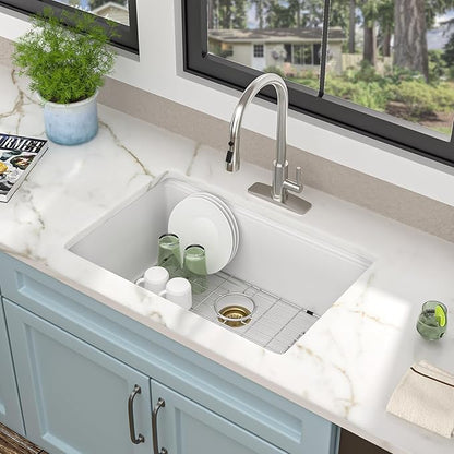 28"x19" Granite Composite Kitchen Sink - White Undermount Ledge Workstation Quartz Classic Under Counter Single Bowl Basin