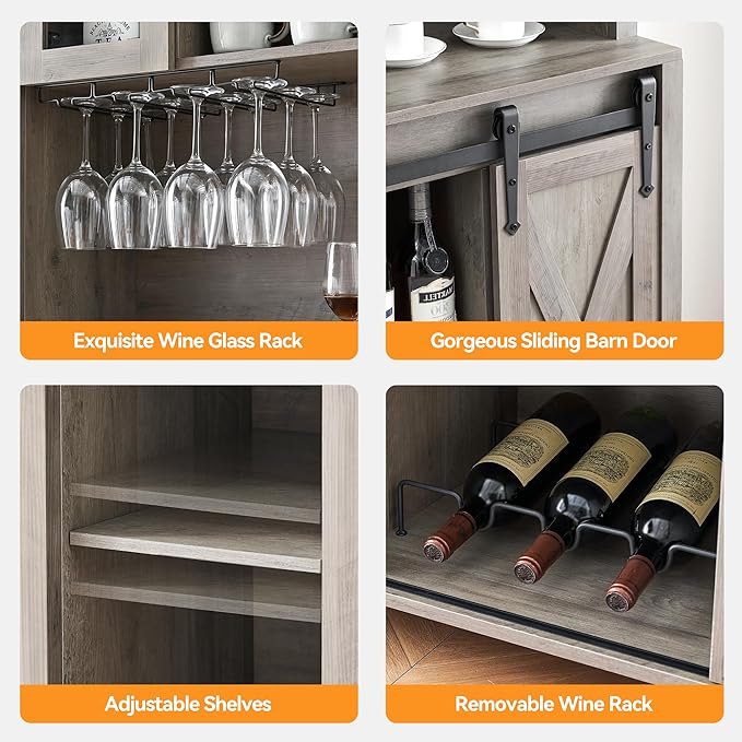 IDEALHOUSE 70'' Wine Coffee Bar Cabinet with Storage Hutch, Tall Kitchen Pantry Liquor Cabinet with Sliding Barn Doors, Bottle Glasses Rack, Farmhouse Buffet for Home Dining Room, Gray Oak