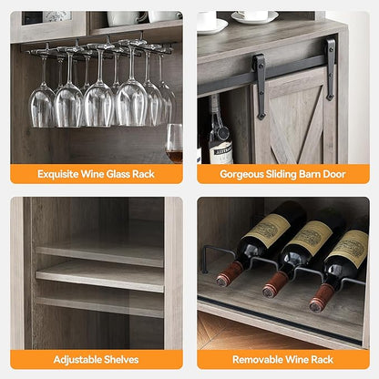 IDEALHOUSE 70'' Wine Coffee Bar Cabinet with Storage Hutch, Tall Kitchen Pantry Liquor Cabinet with Sliding Barn Doors, Bottle Glasses Rack, Farmhouse Buffet for Home Dining Room, Gray Oak