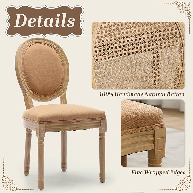 SoarFlash French Dining Chairs Set of 2, Vantage Linen Dining Chair with Round Back, Wood Leg Farmhouse Country Dining Chair for Living Room,Kitchen,Bedroom,Brown