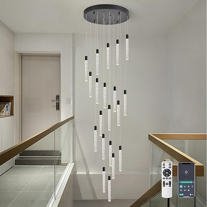 20-Lights Bubble Chandelier for Entryway High Ceiling-157 Height Adjustable Crystal Chandelier,3 Color Temperature Dimmable LED Pendant Light Fixture for Foyer Living Room Staircase,Matte Black