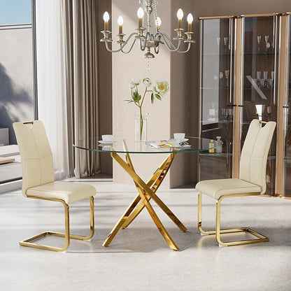 36-Inch Round Tempered Glass Dining Table for 2-4 Person Space-Saving Small Kitchen Table with Heavy-Duty Metal Legs Perfect for Dining Room, Apartment, Condo(Gold)