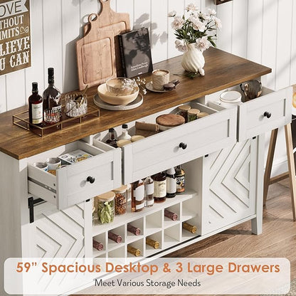 CABIHOME Farmhouse 59'' Buffet Cabinet with Sliding Barn Door, 33.4'' Tall Wood Rustic Sideboard with 3 Drawer, Adjustable Shelf and Removable Wine Rack for Dining Room, Kitchen, Living Room, White