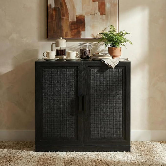 Casaphoria Adam Sideboard Buffet Cabinet with Storage, Sideboard Cabinet with Rattan Doors & Adjustable Shelves, 31" W x 31" H Coffee Bar for Entryway Kitchen Living Room, Black
