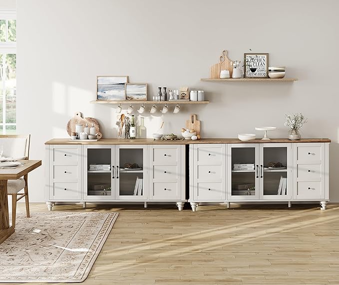 WAMPAT 2-in-1 Sideboard Buffet Cabinets with Glass Door, Kitchen Storage Cabinets, Wood Coffee Bar Tables, Accent Sideboard Storage Cabinet Table Dining Room, Living Room,White