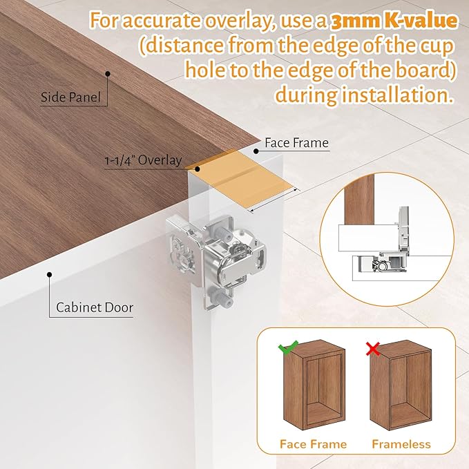 Chibery 30 Pack 1-1/4" Overlay 3D Soft Close Concealed Hinge for Face Frame Door, Self Closing Hinges, 105° Smooth Slow Close Quite, Hidden Stainless Steel Hinge for Kitchen Cabinet Door, Satin Nickel