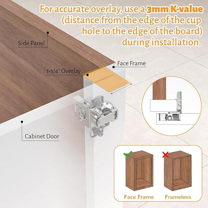 Chibery 20 Pack 1-1/4" Overlay 3D Soft Close Concealed Hinge for Face Frame Door, Self Closing Hinges, 105° Smooth Slow Close Quite, Hidden Stainless Steel Hinge for Kitchen Cabinet Door, Satin Nickel