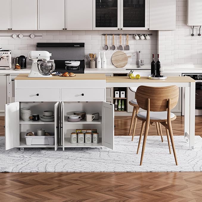 74.5" Kitchen Island with Extendable Dining Table for 2–4 People, Rolling Kitchen Cart with Spice Rack, 2 Drawers, and 4-Door Cabinet,Storage Island for Dining Room or Home Office, White
