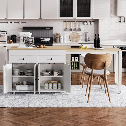 74.5 inch Rolling Kitchen Island Cart with Extendable Dining Table and 4 Door Cabinet,Spice Rack and 2 Drawers,for Kitchen Living Room Dining Room (White@i)