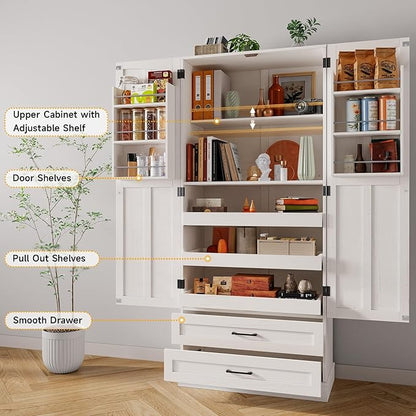 ONBRILL 71" Tall Farmhouse Kitchen Pantry Cabinet with 3 Pull Out Shelves & 2 Large Drawers, Pantry Storage Cabinet with 6 Door Shelf & Adjustable Shelf, Freestanding Cupboard for Kitchen, Dining Room