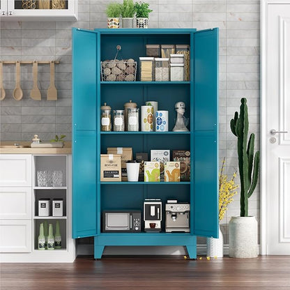 Farmhouse Pantry Cabinet with Barn Doors,61" H x 27.5" W,Metal Cabinet with Adjustable Shelves,4-Tier Storage Cabinet for Kitchen Dining Room Garage,Blue 1 Pack