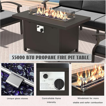 Metal Outdoor Patio Furniture Set for 10,Aluminum Patio Sectional Set w/Propane Fire Pit Table,Outside Furniture w/Removable Sponge Cushion for Porch, Balcony, Yard,Gray