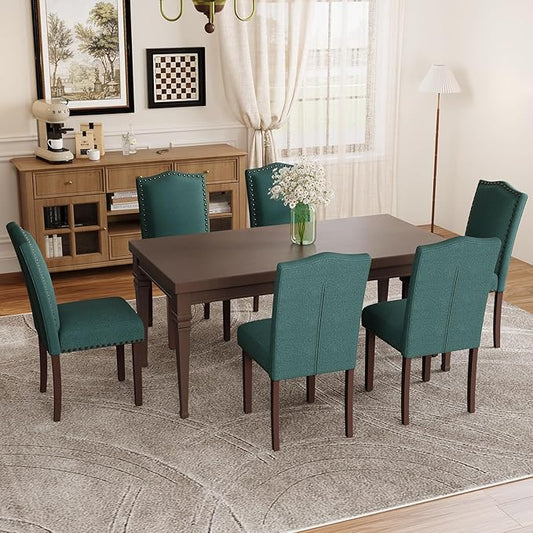 MALOL Dining Chairs Set of 6, Upholstered Soft Comfortable Parsons Chairs with High-Density Cushion, Solid Wood Legs & Nailhead Details for Dining Room, Kitchen, Living Room – Green