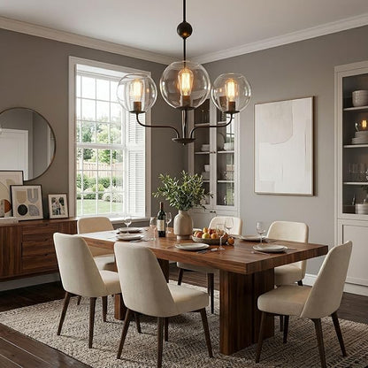 Classic 3-Light Black Chandelier with Upward U-Shaped Arms, Modern Vintage Pendant Lighting with Clear Glass Globes, Ceiling Light Fixture for Dining Room, Living Room, Hallway