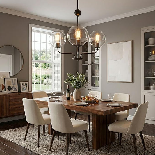 Classic 3-Light Black Chandelier with Upward U-Shaped Arms, Modern Vintage Pendant Lighting with Clear Glass Globes, Ceiling Light Fixture for Dining Room, Living Room, Hallway