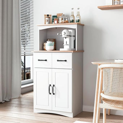 Microwave Stand with Storage, Kitchen Pantry Storage Cabinet with Drawer and Adjustable Shelf, Microwave Cabinet with Open Space for Kitchen, Dining Room, White