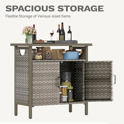 DWVO Patio Storage Cabinet, Outdoor Buffet Cabinet with Two Doors and Shelves, Outdoor Storage Table with PE Rattan for Patio, Backyard, Garden - Light Brown