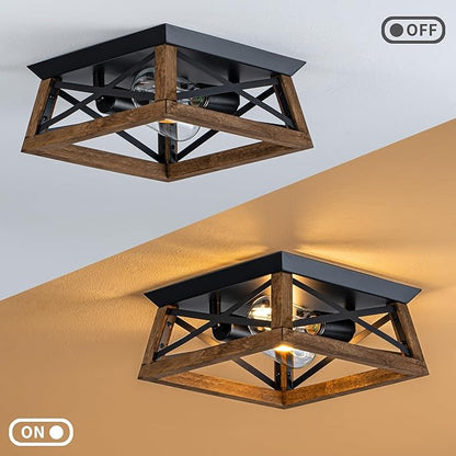 2-Light Farmhouse Light Fixture, Rustic Ceiling Light with Wood and Metal Design, Wood Ceiling Light for Kitchen, Hallway, Entryway, Cabinet, Living Room