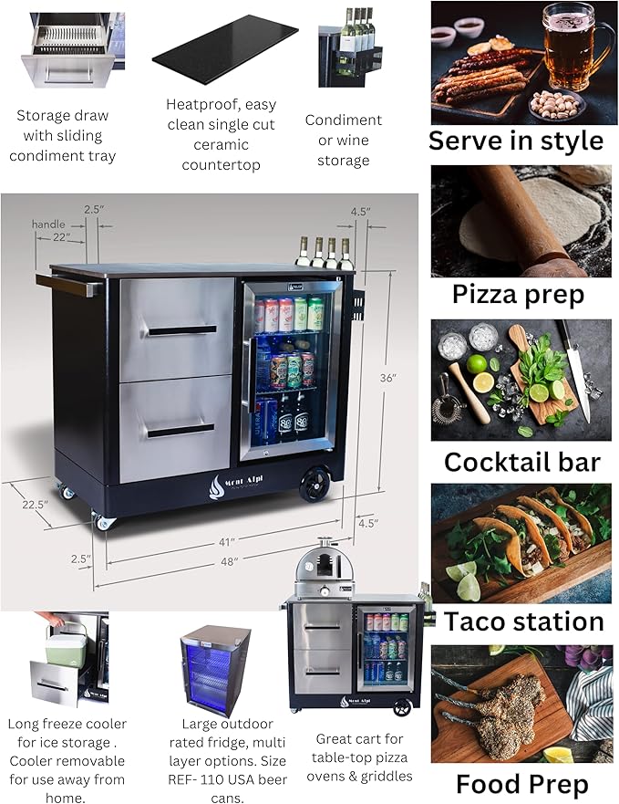 Mont Alpi Stainless Steel 48"W x 22.5"D x 36"H Large Outdoor Kitchen Island Rolling Bar Cart Prep Table Grill Station with Ceramic Top & Beverage Refrigerator + Storage Drawers + Portable Ice Cooler