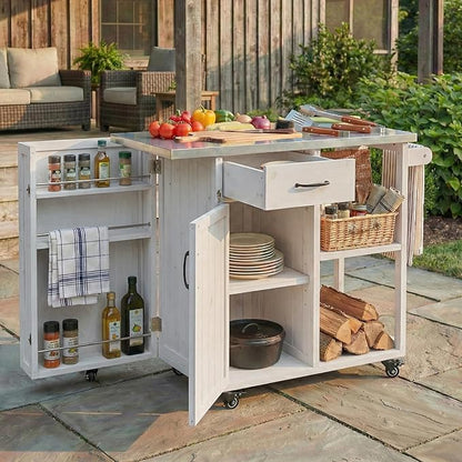 MERITLINE Outdoor Kitchen Island with Stainless Steel Top, Lockable Wheels & Towel Rack, Mobile BBQ Prep Cart with Hidden Cabinet, Drawer, Shelves for Patio, Garden, Backyard, White
