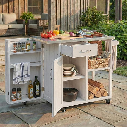 MERITLINE Outdoor Kitchen Island with Stainless Steel Top, Lockable Wheels & Towel Rack, Mobile BBQ Prep Cart with Hidden Cabinet, Drawer, Shelves for Patio, Garden, Backyard, White