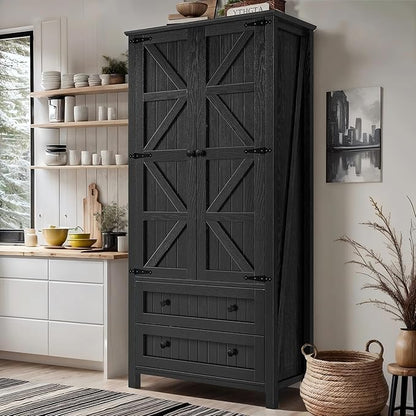 YITAHOME Farmhouse Kitchen Pantry Cabinet, 64.5" Tall Storage Cabinet with 2 Drawers & Adjustable Shelves, Ideal for Kitchen, Living Room, or Entryway, Oak Black