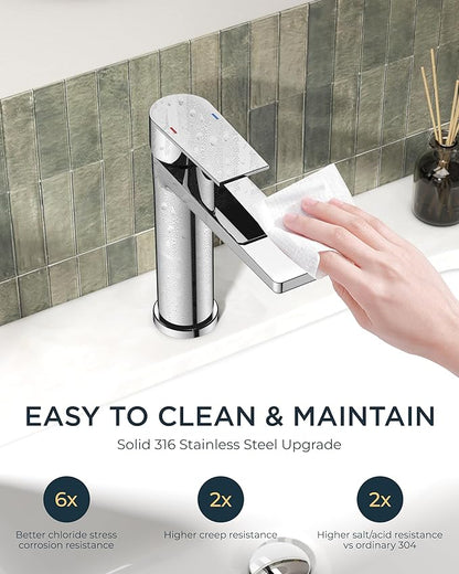 FORIOUS Polished Chrome Bathroom Faucet 1 Hole, Single Handle Single Hole Bathroom Faucet Chrome with Deck Plate and Pop Up Drain, CUPC Hoses for One Handle Vanity Sink, Rv, Camper