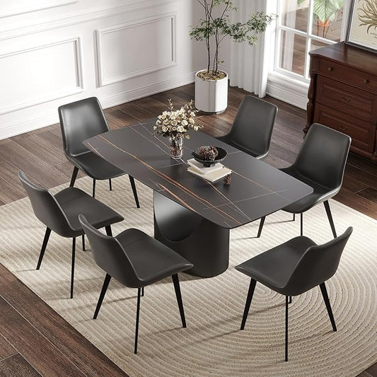 Modern Sintered Stone Kitchen Table 63x31.5 Inch, Rectangular Dining Room Table for 4-6 People, Stain Resistant Round Corner Desktop, Stable Iron Legs for Home and Office Use