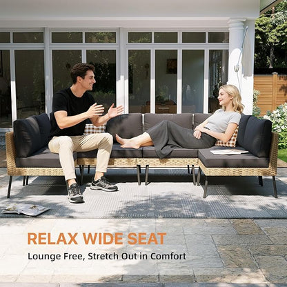 Aoxun 5-Piece Patio Furniture Set, Wicker Outdoor Furniture with Water Resistant Thick Cushions, Patio Conversation Set Outdoor Sectional Sofa with Coffee Table for Backyard Poolside, Black