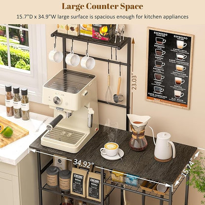 3IngSeagulls Baker's Rack for Kitchen with Storage, Microwave Stand with Adjustable Shelves, Kitchen Stand with 10 S Hooks, 6-Tier Coffee Bar Station, Storage Shelves for Spices, Pots, Gray