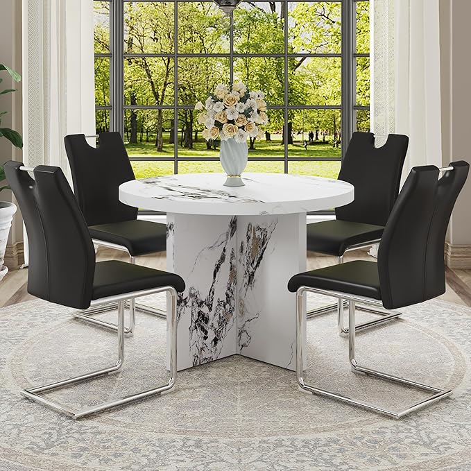 42" Solid MDF Island Table, Rustic Dining Table with Multi-Purpose, Farmhouse Dining Table with Modern Style for 4-6 Person Dining, White