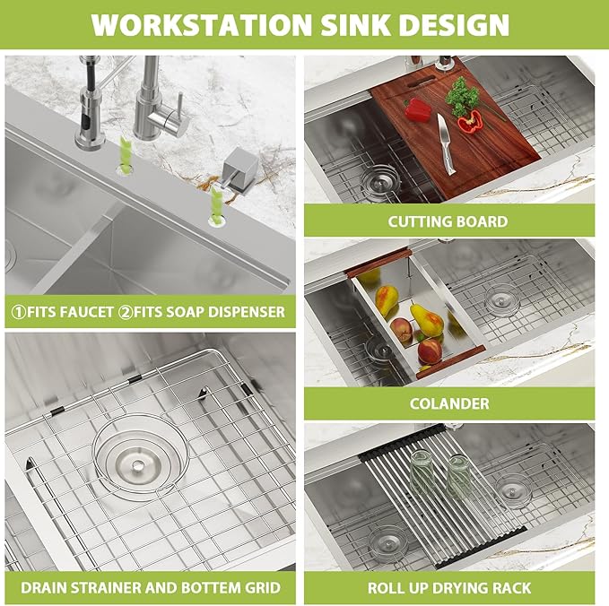 33-inch Drop In Kitchen Sink - Double Bowl 50/50 Multifunctional Workstation Kitchen Sink, 304 Stainless Steel 16 Gauge Above Counter Deep Sinks for Kitchen with Mixing Bowl, 33''x22''x10''