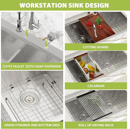 33-inch Drop In Kitchen Sink - Double Bowl 50/50 Multifunctional Workstation Kitchen Sink, 304 Stainless Steel 16 Gauge Above Counter Deep Sinks for Kitchen with Mixing Bowl, 33''x22''x10''