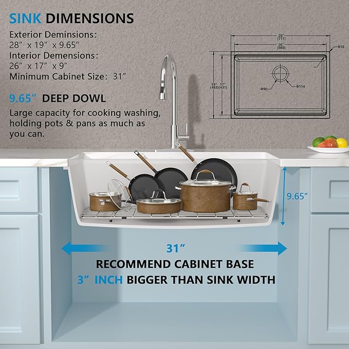 28 Granite Composite Kitchen Sink - Fulorni 28"x19" Granite Kitchen Sink Ledge Workstation Undermount White Quartz Classic Under Counter Single Bowl Sink Basin
