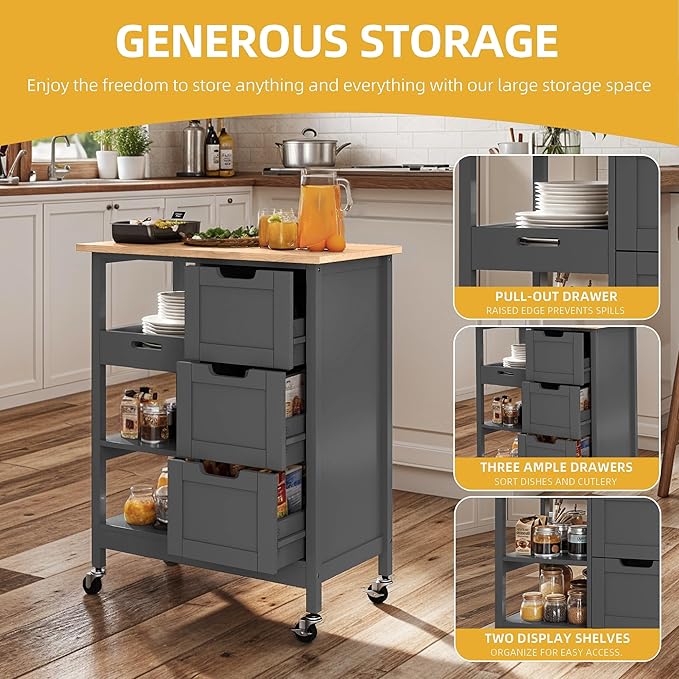 DWVO Solid Wood Top Rolling Kitchen Island Cart, 3 Tier Mobile Kitchen Storage Island Cart with 3 Drawers and 3 Opening Storage Shelves for Kitchen & Dining Area, Gray