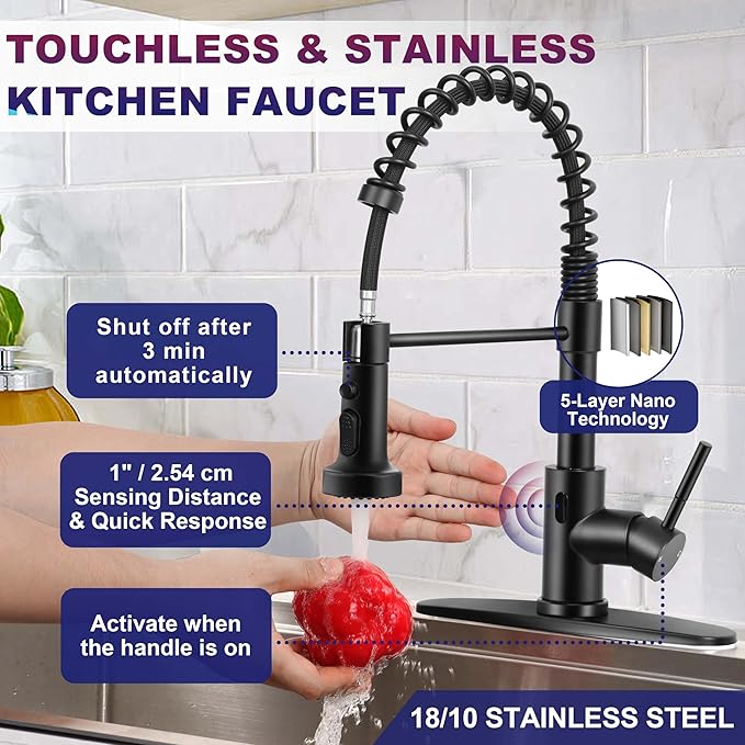 Herogo Touchless Kitchen Faucets with Soap Dispenser, Motion Sensor Activated Commercial Stainless Steel Sink Faucets with Pull Down Sprayer, Matte Black Single Handle Faucets for Vanity Farmhouse RV